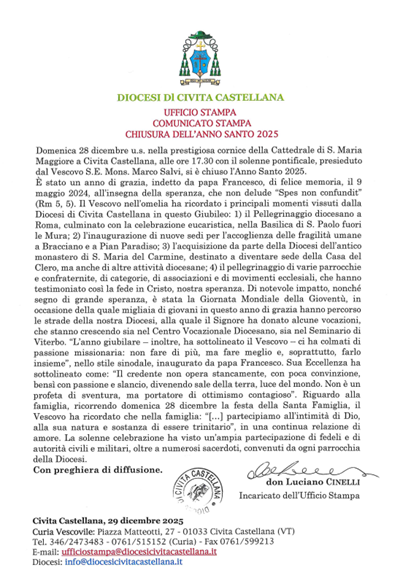 Ufficio Stampa - Chiusura dell'Anno Santo 2025